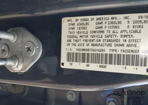 2007 Honda Accord 3.0 Ex из США, поврежденный, VIN 1HGCM66877A014291